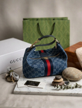 Gucci Vanity medium top handle bag blue and white GG denim