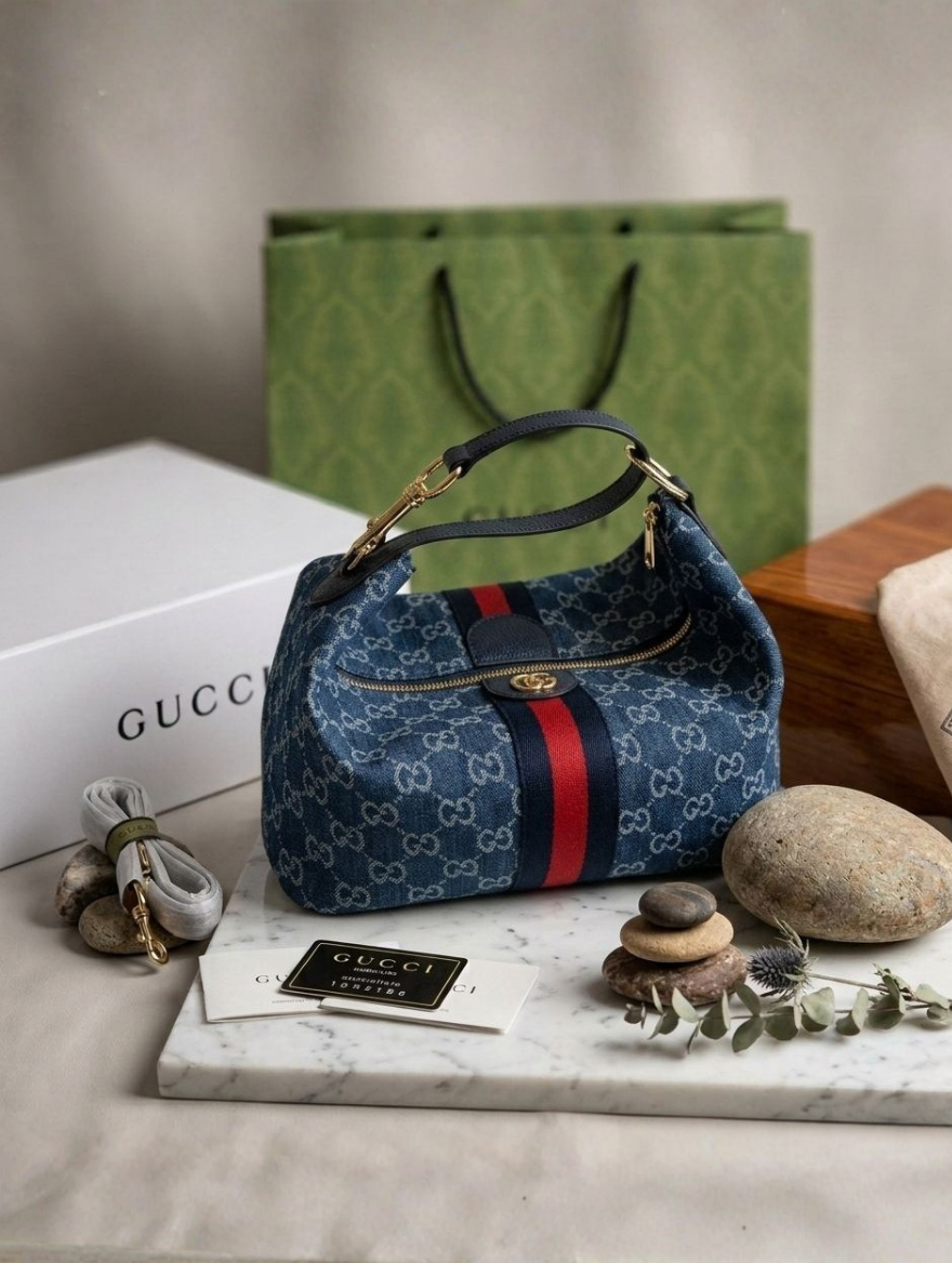 Gucci Vanity medium top handle bag blue and white GG denim
