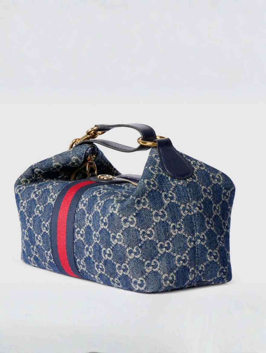 Gucci Vanity medium top handle bag blue and white GG denim