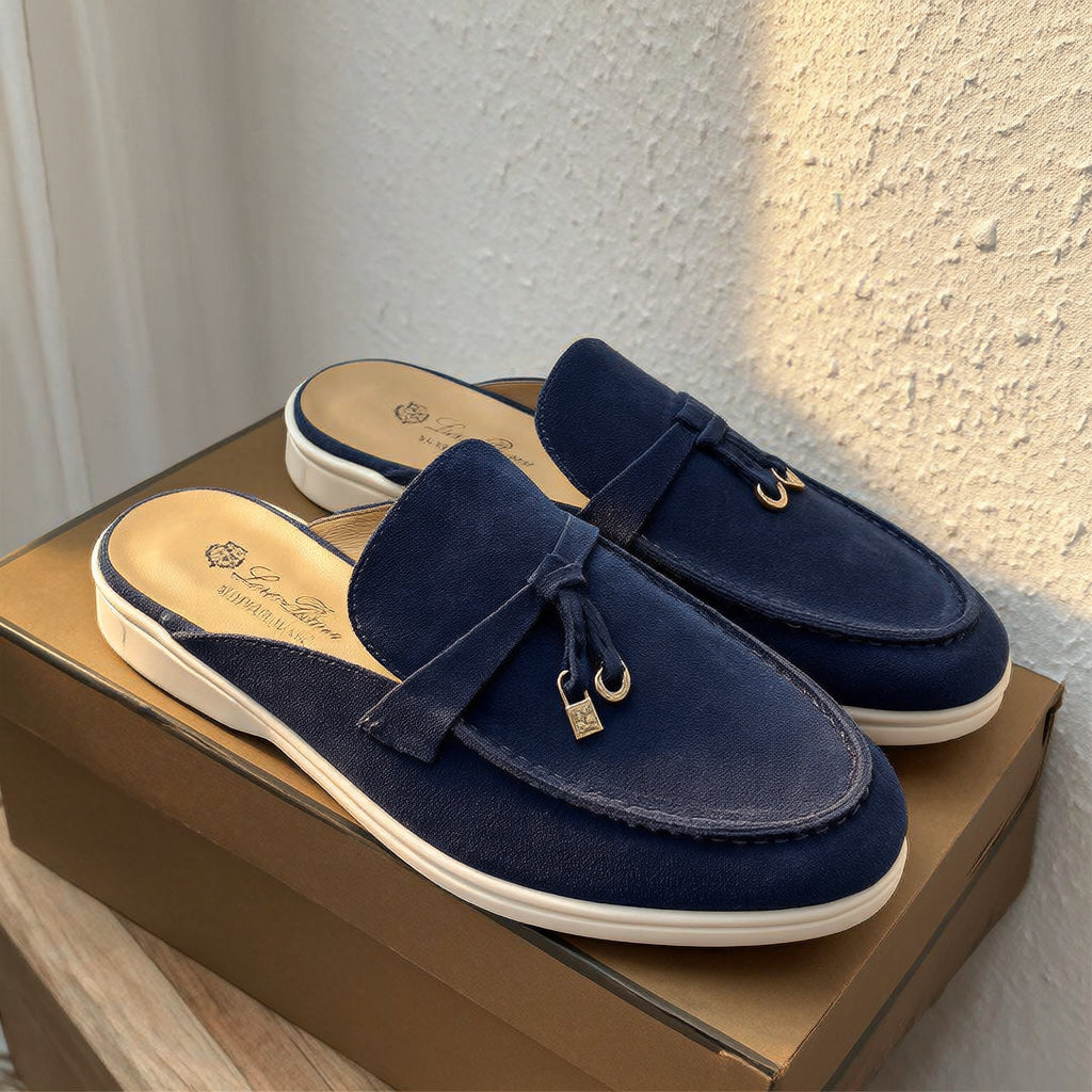 Loro Piana Luxury Suede Slip-On Loafer Mules with Signature Charms