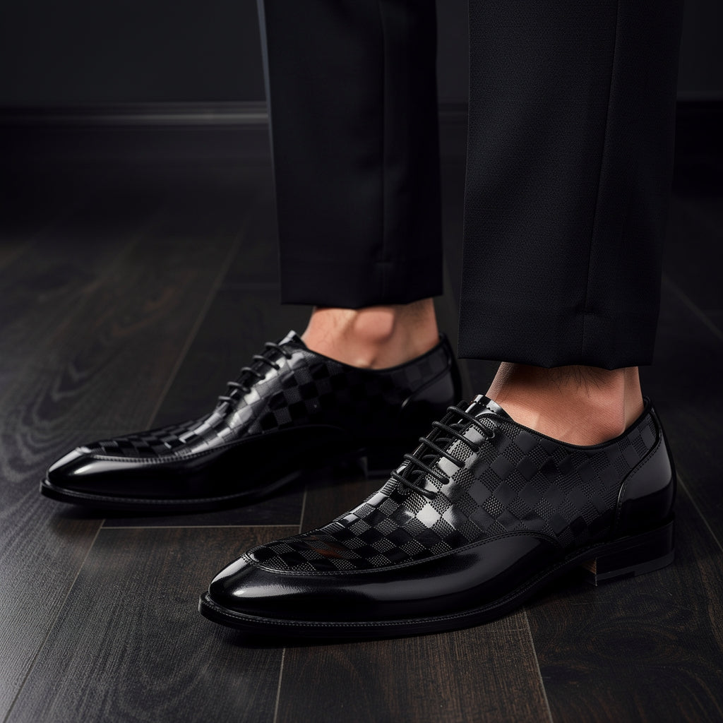 Premium Black Checkered Pattern Dress Shoes - Elegant Men’s Formal Footwear