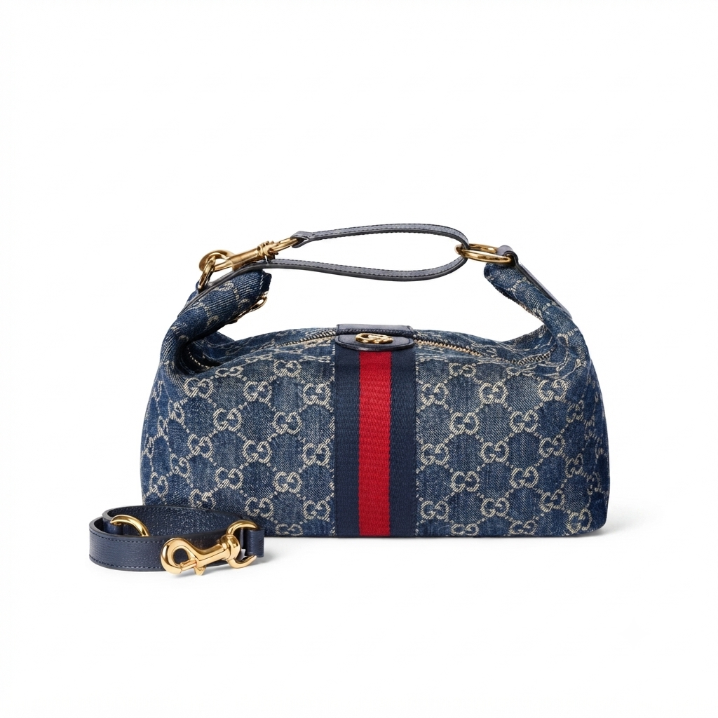 Gucci Vanity medium top handle bag blue and white GG denim