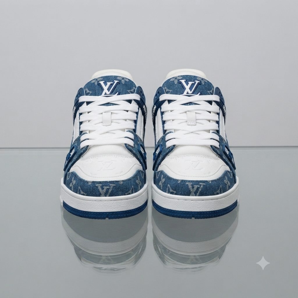 Signature Denim Monogram Trainers – Blue & White Edition