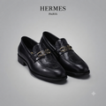 Hermès Men's Black Embossed Leather Loafers with Gold-Tone Hardware