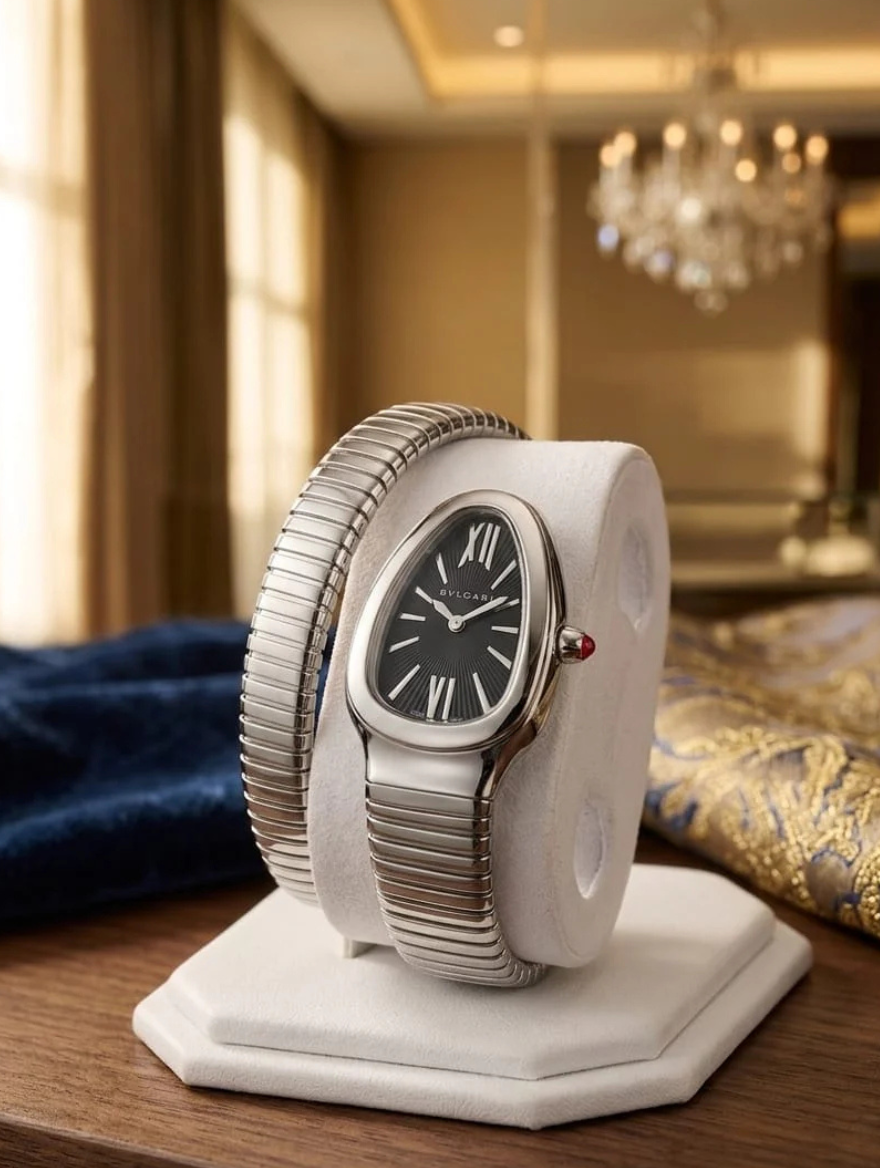 Bvlgari Serpenti Seduttori Diamond-Bezel Wrap Watch — Steel & Black