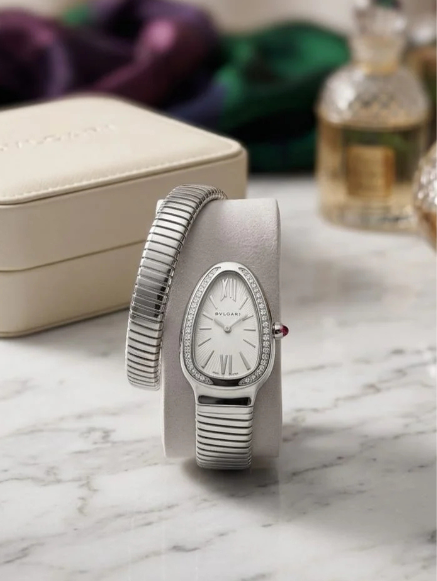 Bulgari Serpenti Tubogas (Steel / Silver Dial / Diamonds)