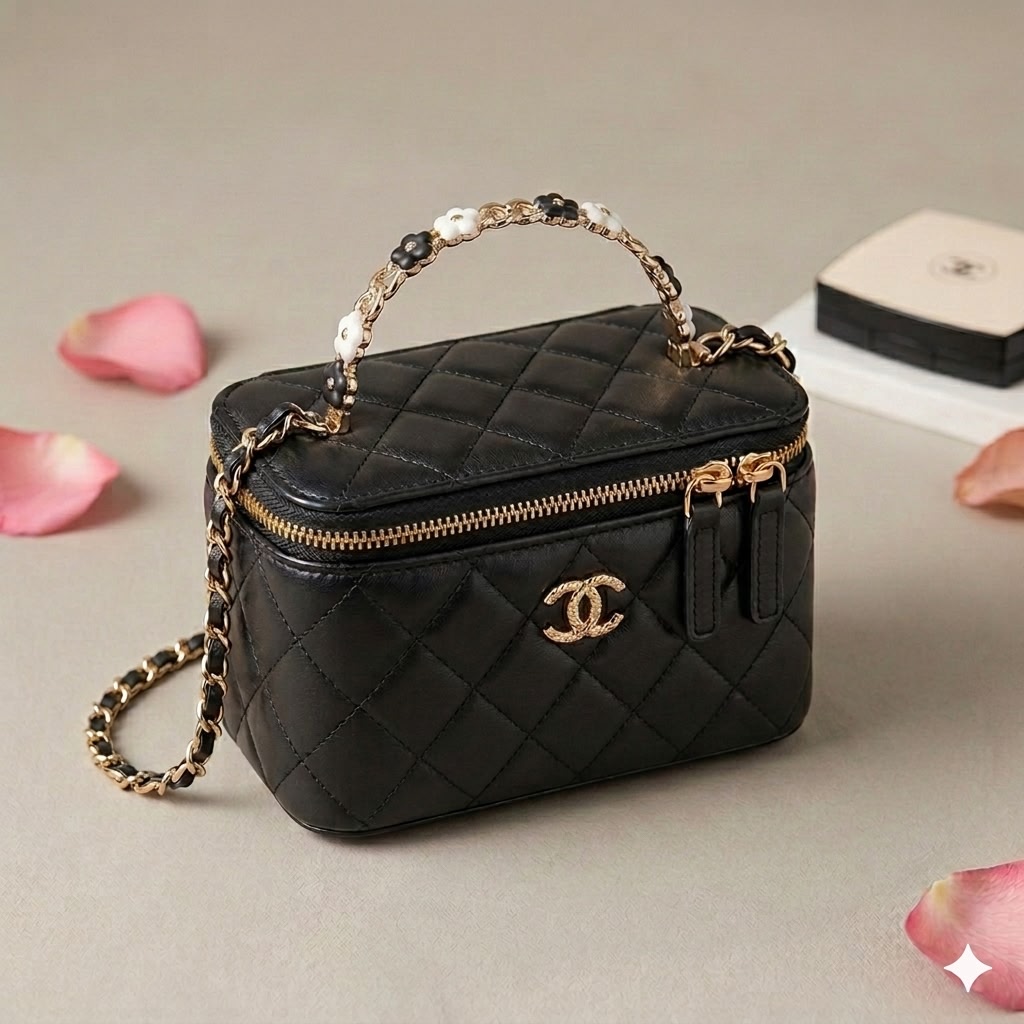 Chanel Vanity Case Top Handle Bag - Floral Design in Lambskin Leather