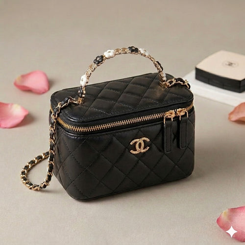Chanel Vanity Case Top Handle Bag - Floral Design in Lambskin Leather