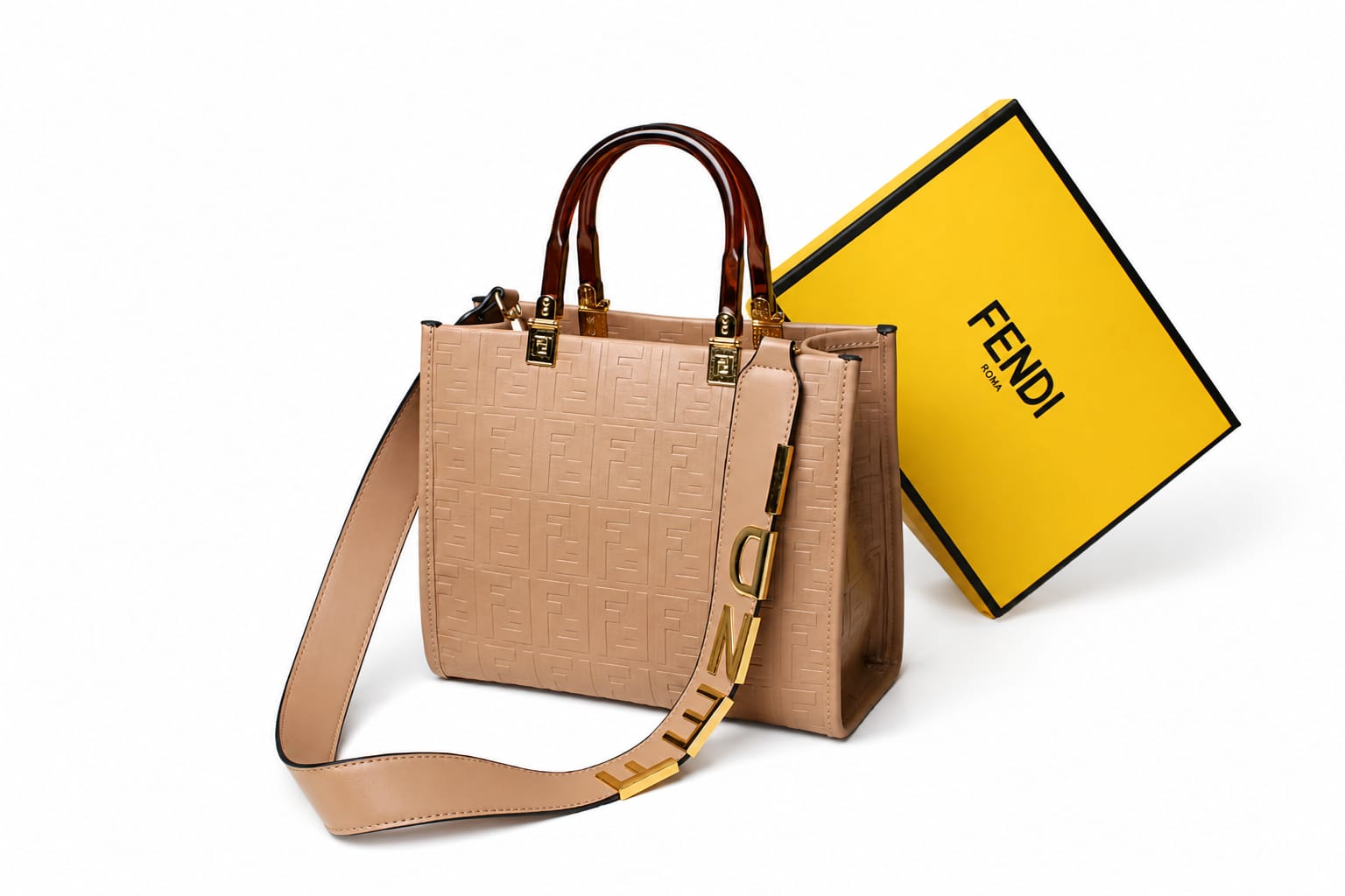 Fendi Mini Sunshine Tote Bag – Faux Leather Top Handle Handbag with Gold Hardware