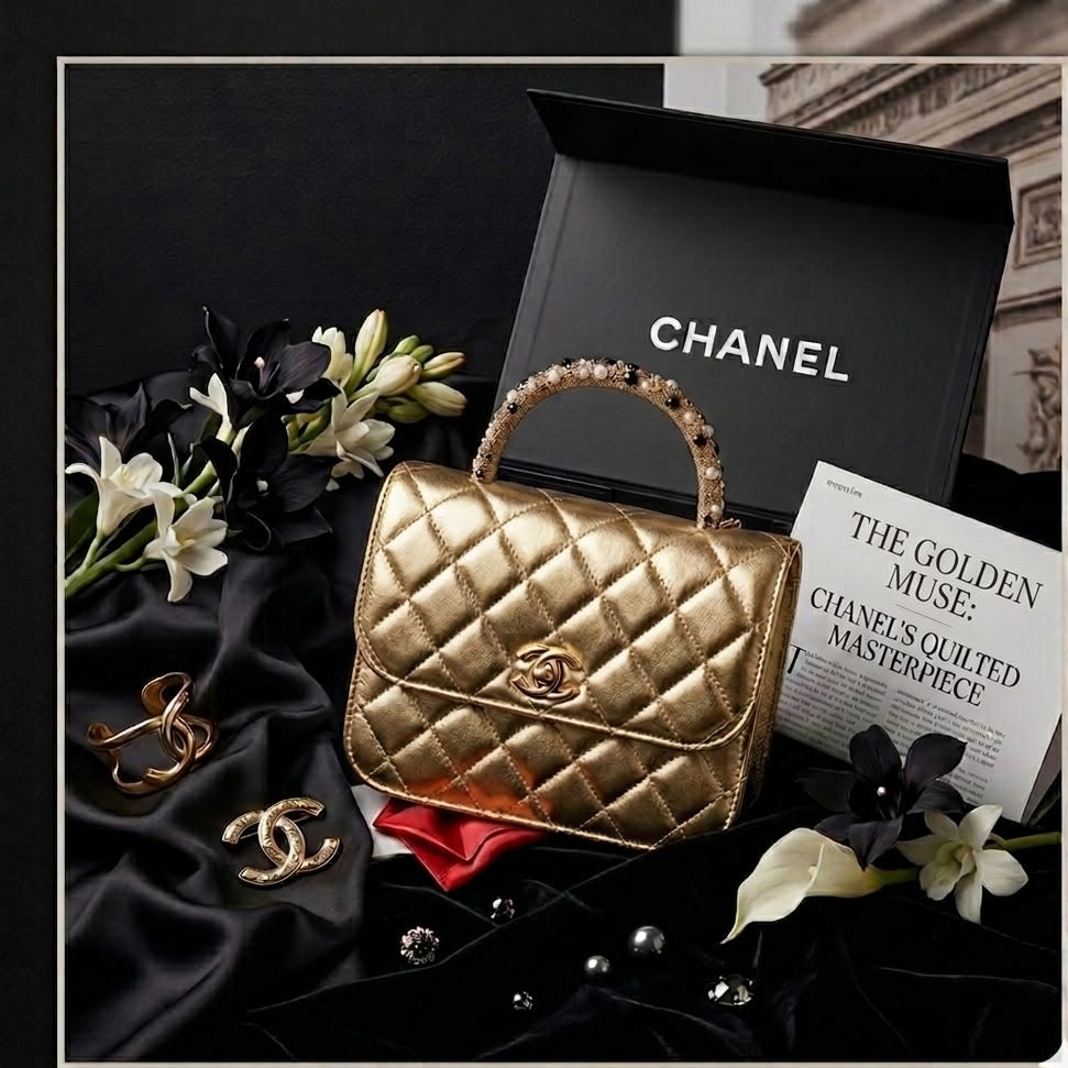 CHANEL Leather Top-Handle Bag with Embellished Handle