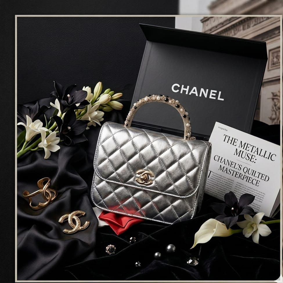 CHANEL Leather Top-Handle Bag with Embellished Handle