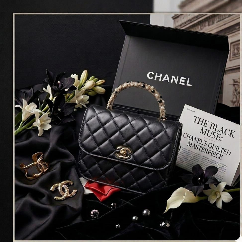 CHANEL Leather Top-Handle Bag with Embellished Handle