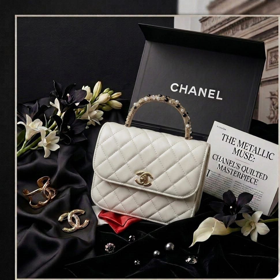 CHANEL Leather Top-Handle Bag with Embellished Handle
