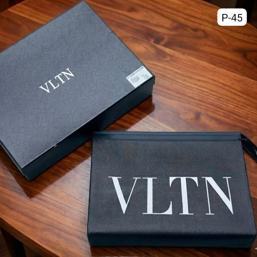 Luxury VLTN Logo Print Black Leather Clutch Pouch