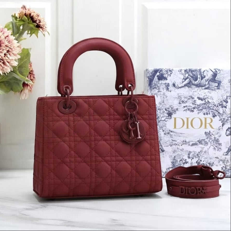 Christian Dior Lady Dior Burgundy  Leather Top-Handle Bag