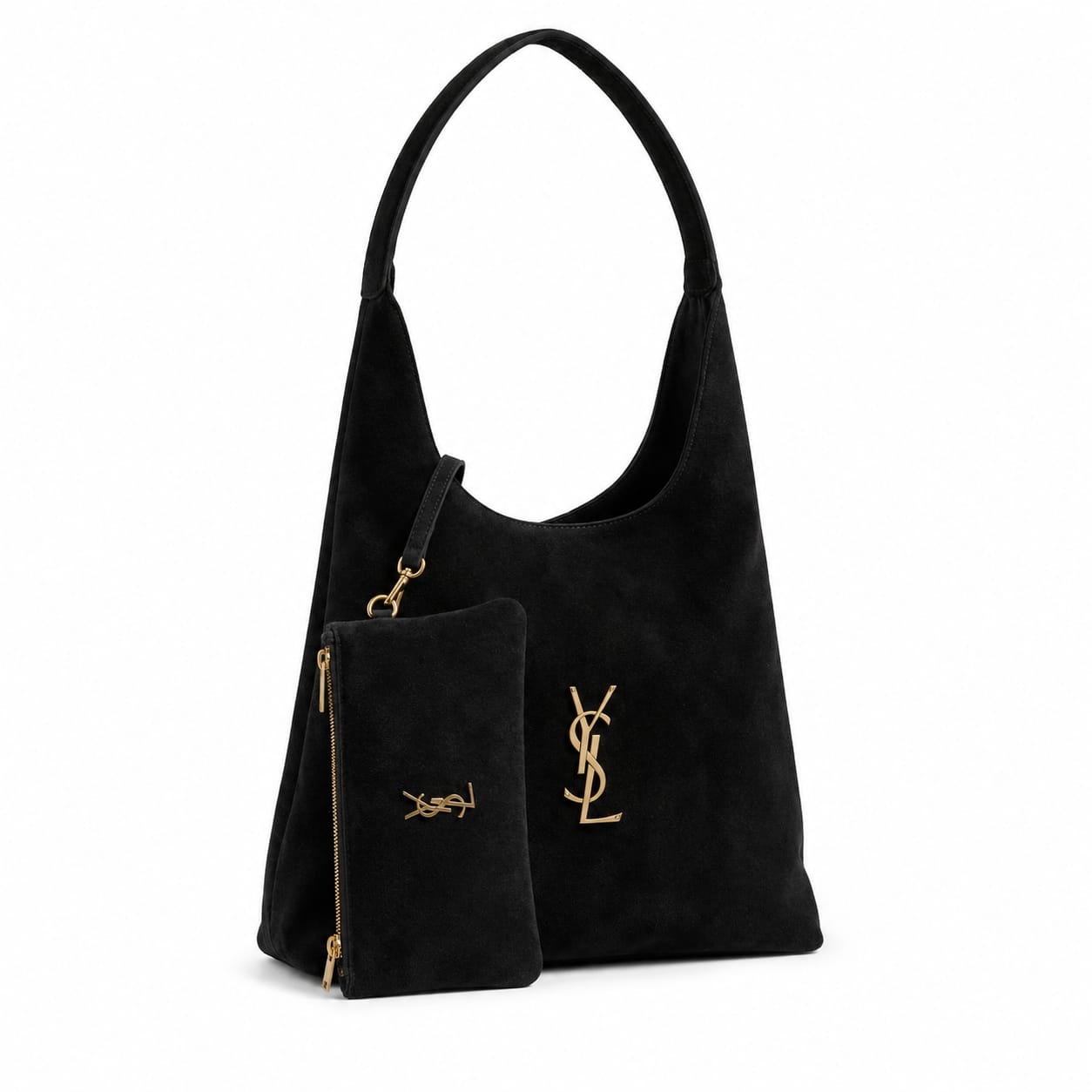 YSL Saint Laurent Suede Hobo Shoulder Tote Bag – Gold Hardware with Matching Zipper Pouch
