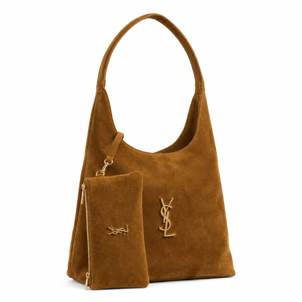 YSL Saint Laurent Suede Hobo Shoulder Tote Bag – Gold Hardware with Matching Zipper Pouch
