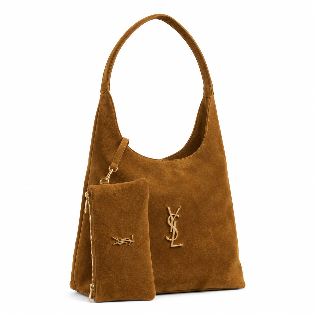 YSL Saint Laurent Suede Hobo Shoulder Tote Bag – Gold Hardware with Matching Zipper Pouch